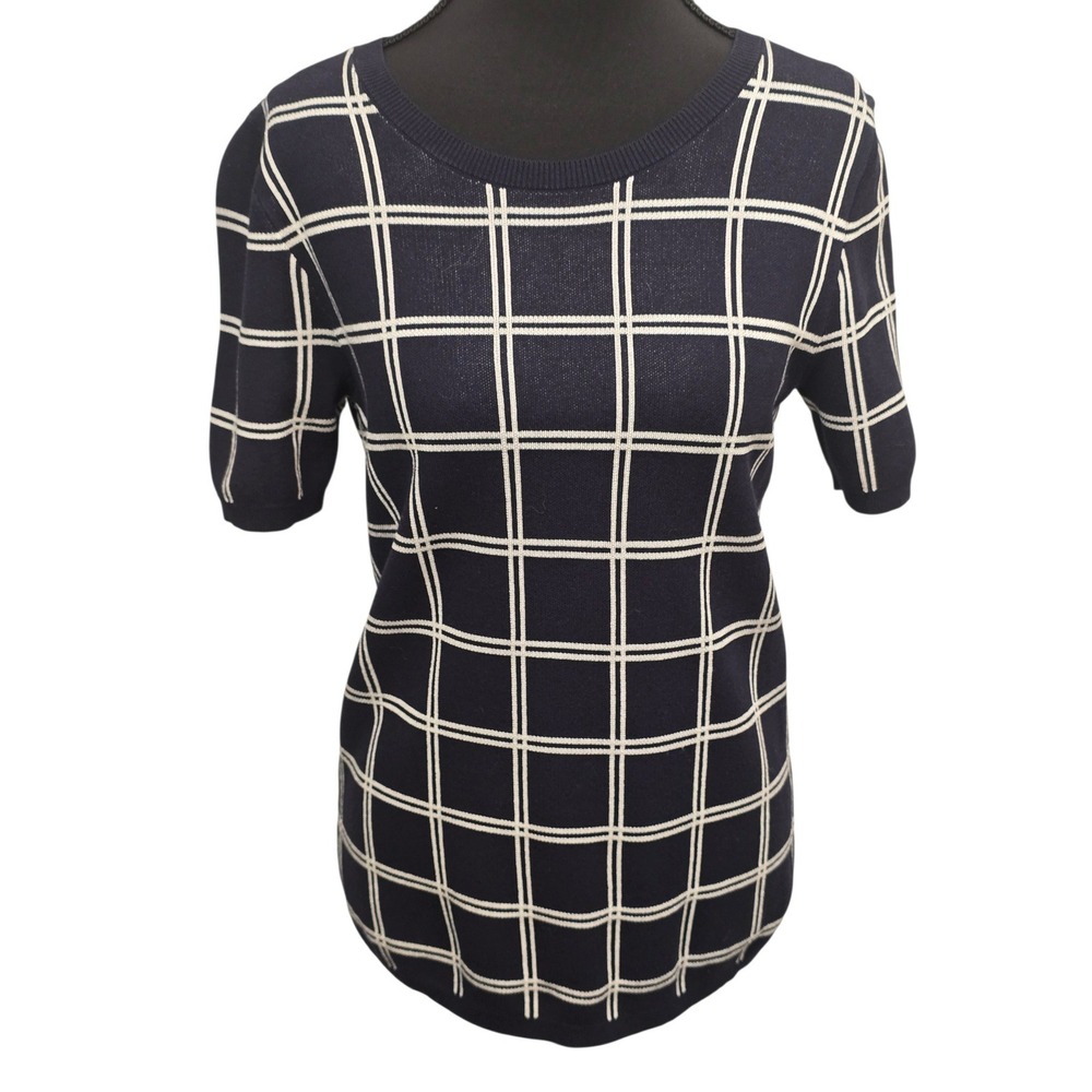 Ann Taylor Petite Navy Grid Knit Top MP Preppy Officecore Classic Chic Stretch